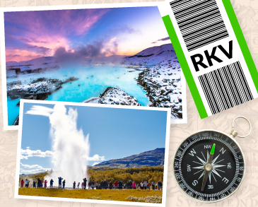 Iceland: Between Ice and Fire tile image with a picture of the blue lagoon and Strokkur Geyser