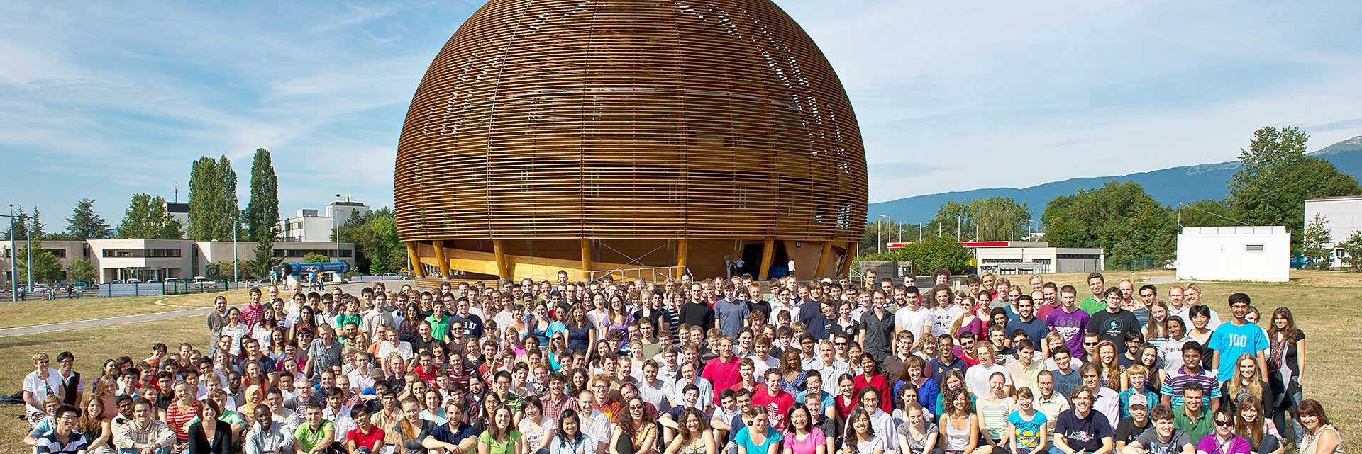 Students at the CERN exhibition globe